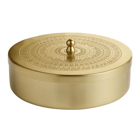 round gold metal etched mandala spice box with containers|ExclusiveLane 'Masala Blends' Handcrafted Brass Indian Spice .